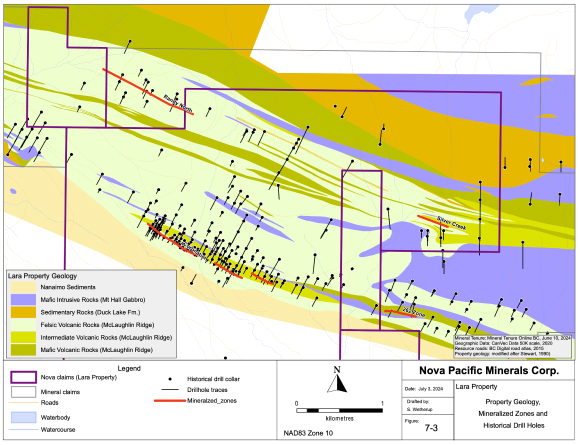 Lara Property Geology, Mineralized Zones and Historical Drill Holes